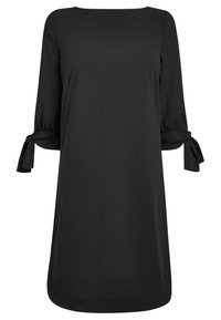 Robe noire à mi-longueur avec des manches trois-quarts nouées en nœuds aux poignets et un large col bateau.