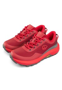 Rode wandelschoenen met bovenwerk van mesh en synthetisch materiaal, ronde neus, vetersluiting, gevoerde kraag en Vibram-zool. Gemêleerd oppervlak, lichtgewicht ontwerp.
