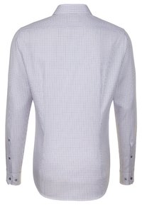 Camicia bianca a maniche lunghe con un fine motivo a quadretti blu e rossi, polsini con bottone e design colletto classico. Texture in cotone morbido.