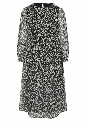 Mustavalkoinen kuvioitu mekko läpikuultavasta kankaasta, jossa on pitkät puff-hihat, pyöreä pääntie ja joustava vyötärö.