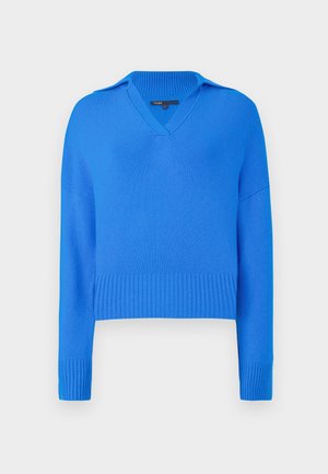 Rövidített kék kötött pulóver V-nyakkal, bordás szegéllyel és hosszú ujjal, sima textúrával és minimalista dizájnnal.