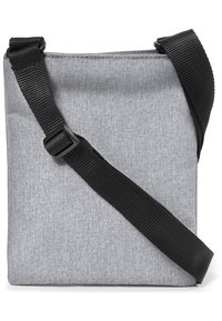 Borsa a tracolla grigia in tessuto con finitura testurizzata, dotata di una tracolla nera regolabile e un design rettangolare semplice.