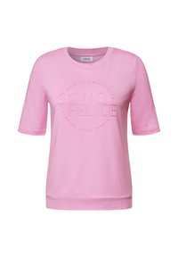 T-shirt en coton à manches courtes de couleur rose, présentant un col rond et un texte imprimé "SONO FELICE" agrémenté de points, créant un détail texturé.