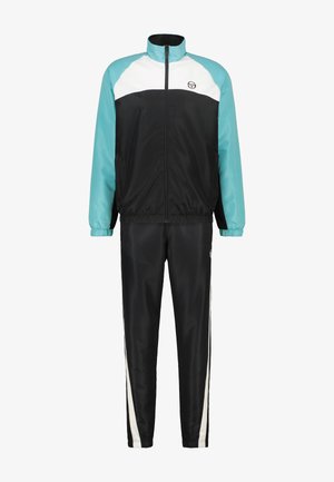 Trainingspak met een zwarte jas en broek, voorzien van turquoise en witte accenten. Gemaakt van een zacht, lichtgewicht materiaal met elastische boorden.