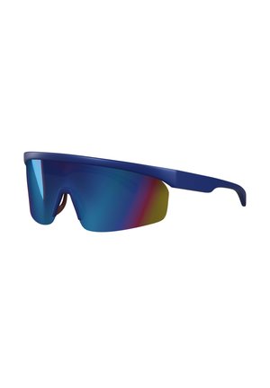 Blaue Sportsonnenbrille mit einem durchgehenden verspiegelten Glas, das blaue und rote Reflexionen zeigt, entworfen für Outdoor-Aktivitäten.