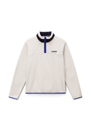 Pullover gemaakt van zachte, crèmekleurige fleece met een marineblauwe kraag en blauwe ritsdetails. Voorzien van een kwartrits en een logo op de borst.