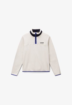 Pullover gemaakt van zachte, crèmekleurige fleece met een marineblauwe kraag en blauwe ritsdetails. Voorzien van een kwartrits en een logo op de borst.