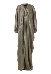 Robe longue en métal vert olive avec un design croisé, des manches longues, un décolleté en V profond et des détails drapés à l'avant. Présente des accents marron doux.
