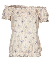 Top de hombros descubiertos en tela beige claro con estampado floral en púrpura y azul. Presenta mangas y dobladillo con volantes para añadir textura.
