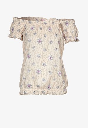 Off-the-shoulder top i lys beige stof med blomstermotiv i lilla og blå. Har volanger ved ærmerne og kanten for ekstra tekstur.