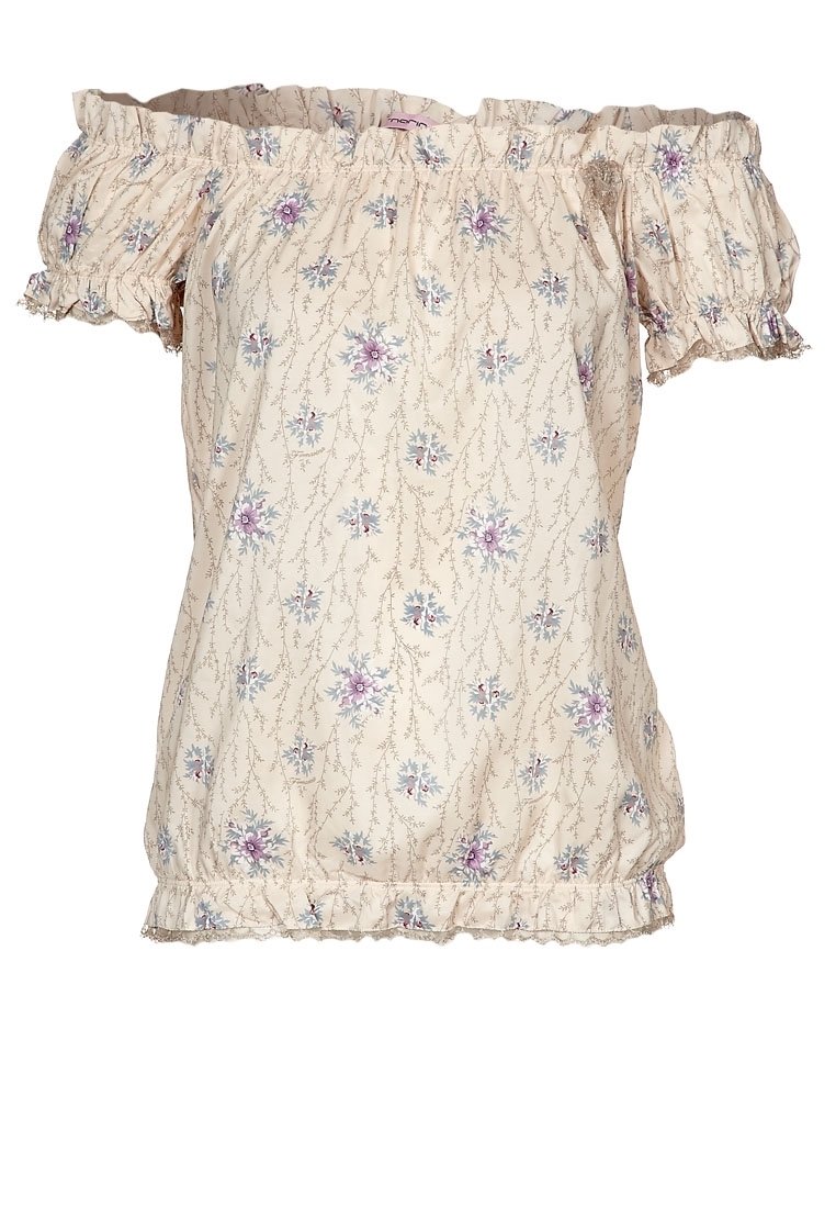 Top bez ramínek v světle béžové tkanině s květinovým potiskem v purpurové a modré barvě. Má volánkové rukávy a lem pro přidanou texturu.