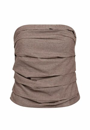 Barna szövet nyakmelegítő vékony függőleges fehér csíkokkal, laposan és összegyűrve bemutatva.