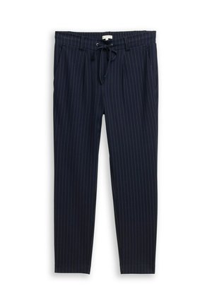 Pantalons rayés bleu marine avec taille à cordon, dotés de deux poches avant et d'une coupe fuselée. Tissu texturé avec un léger éclat.