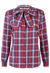 Camicia a quadri rossi e blu con maniche lunghe, colletto a farfalla, apertura con bottoni e bottoni in ottone. Realizzata in tessuto con una texture morbida.