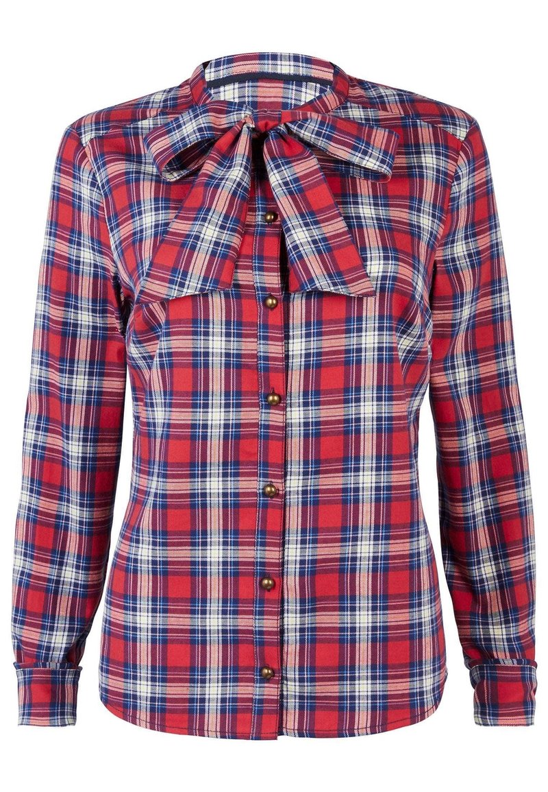 Camicia a quadri rossi e blu con maniche lunghe, colletto a farfalla, apertura con bottoni e bottoni in ottone. Realizzata in tessuto con una texture morbida.