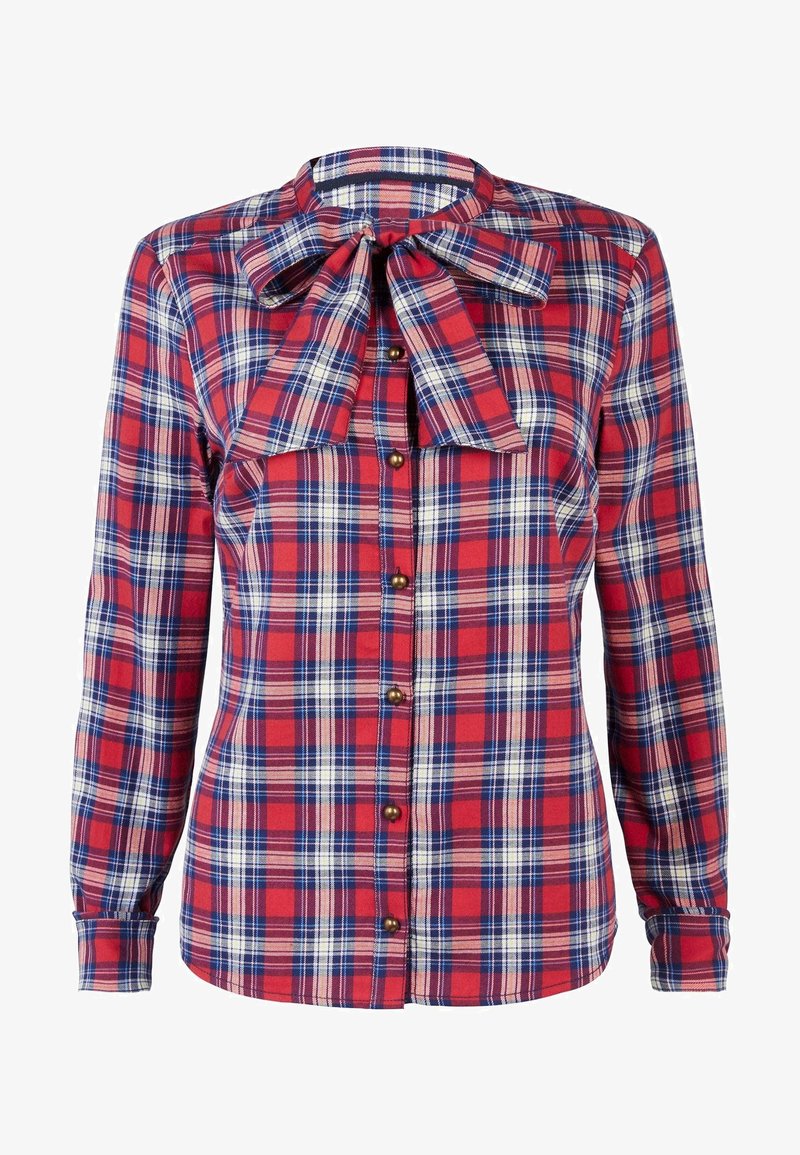Camicia a quadri rossi e blu con maniche lunghe, colletto a farfalla, apertura con bottoni e bottoni in ottone. Realizzata in tessuto con una texture morbida.