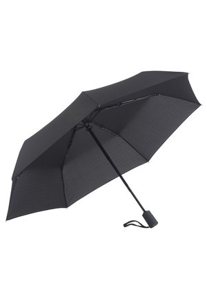 Zwarte paraplu met een gladde stoffen canopy, een slank metalen frame en een stevige handgreep. Heeft een compact ontwerp voor eenvoudige opslag.