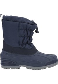 Stivale invernale blu navy con suola in gomma texturizzata, albero imbottito, parte superiore in tessuto arricciata e chiusura con cordino per una vestibilità sicura.