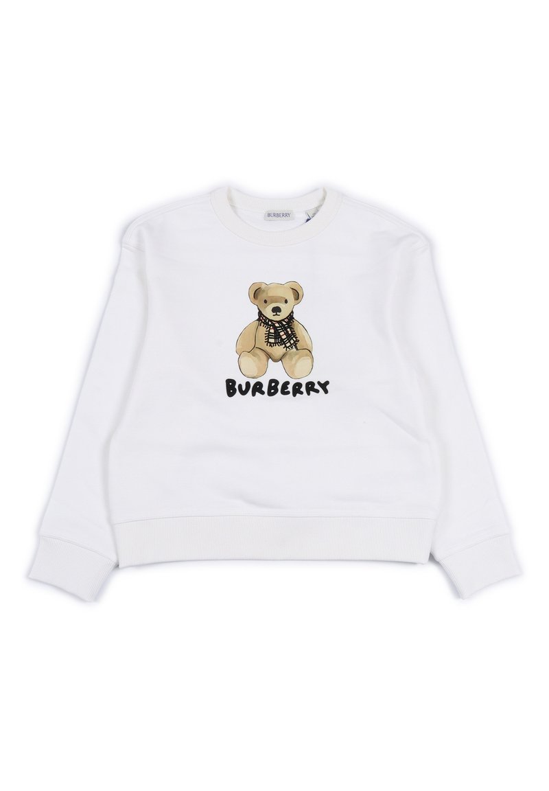 Felpa bianca con grafica di un orso che indossa una sciarpa nera e beige, con la scritta "BURBERRY" stampata sotto il design in testo nero.