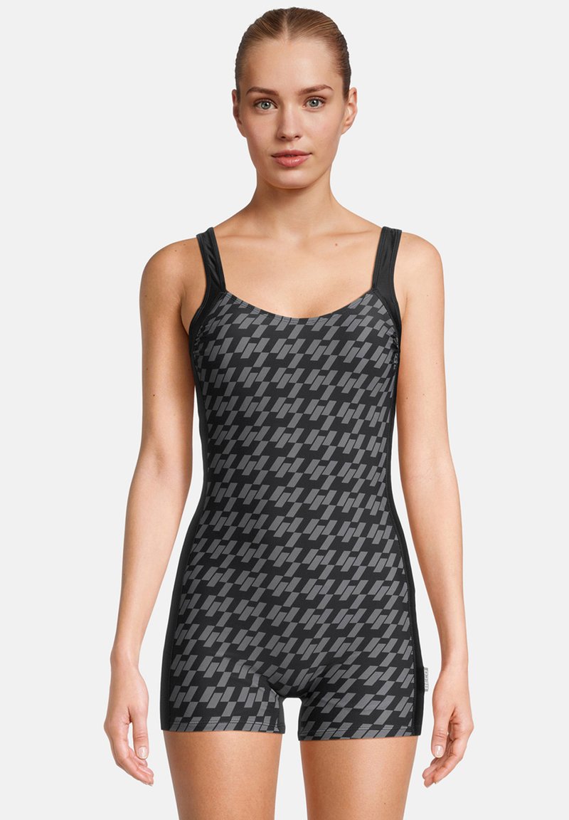 Maillot de bain noir avec un motif géométrique gris, doté d'un col rond, de larges bretelles et d'une coupe ajustée qui s'étend jusqu'à mi-cuisse.