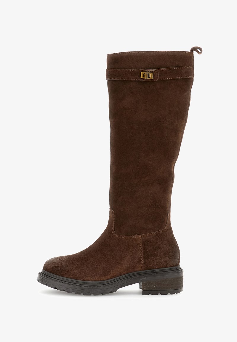 Botă înaltă din daim maro cu un toc mic, solid, talpă cu crampoane și o curea decorativă cu un cataramă aurie aproape de vârf.