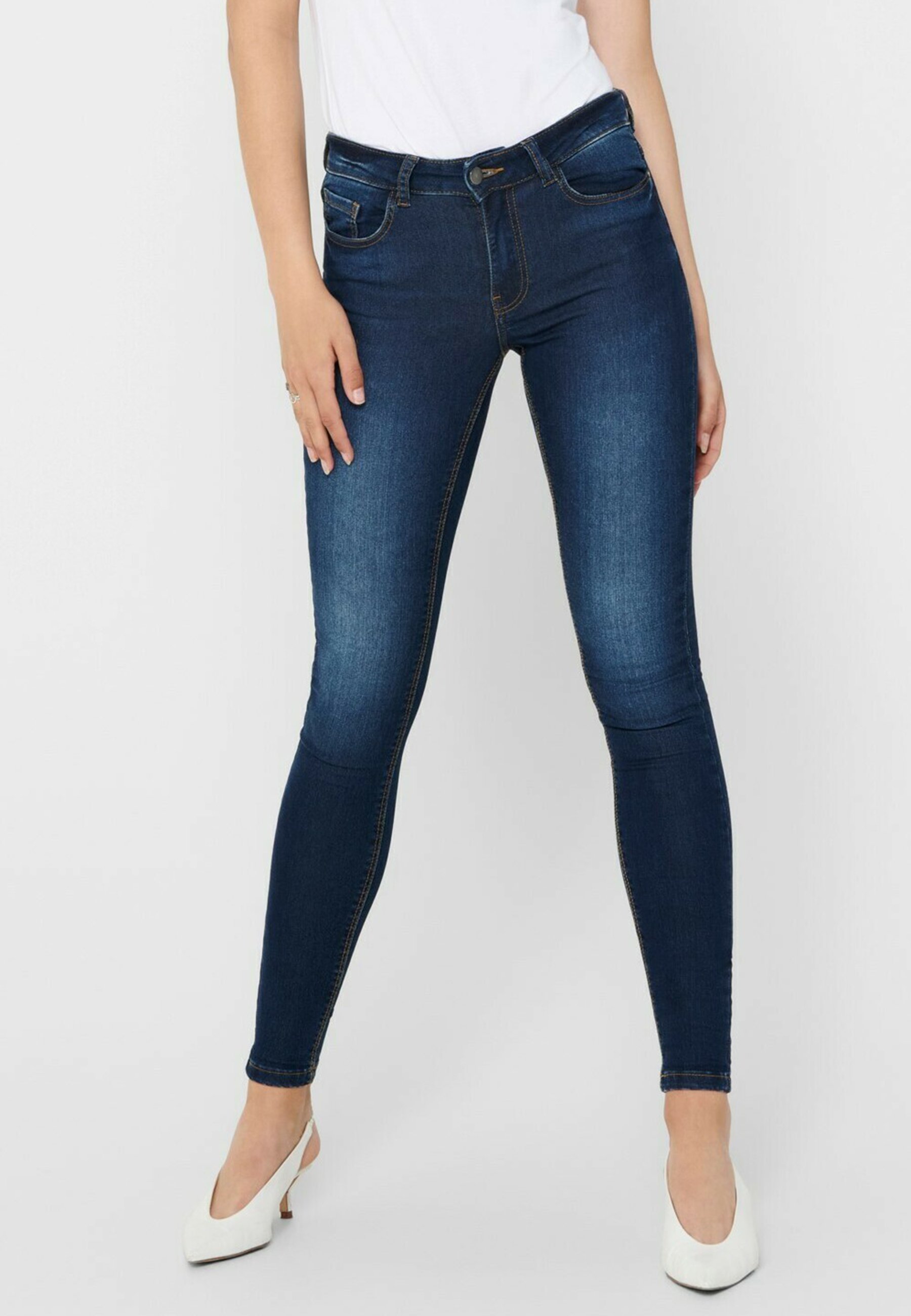 JDY Damen Skinny Jeans – Mittelblau, Knöchellang, Mittlere Taille, Mit Gürtelschlaufen & Knopfleiste