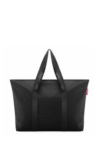 Schwarze Mesh-Tote mit zwei schwarzen Stoffgriffen. Hat eine strukturierte, rechteckige Form und ein offenes Design für einfachen Zugriff.