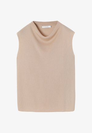 Haut sans manches en tissu beige doux avec un col drapé, présentant une texture lisse et une coupe décontractée, idéal pour les superpositions.
