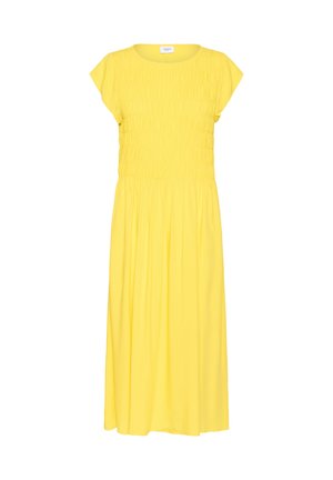 Vestido amarillo con cuerpo fruncido, mangas cortas y falda suelta. Hecho de una tela suave, presenta un corte a media longitud y un ajuste relajado.