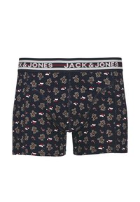 Marineblaue Boxershorts mit einem verspielten Muster aus Lebkuchenmann und Zuckerstangen. Elastischer Bund mit "JACK & JONES"-Logo in Grau und Rot.