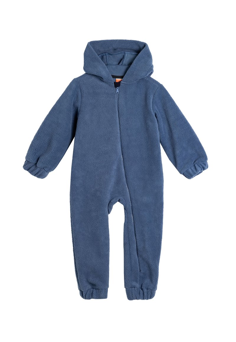 Fleece bleu en une seule pièce avec capuche. Présente une texture agréable, des poignets élastiques et une fermeture éclair complète à l'avant. Convient pour le temps frais.