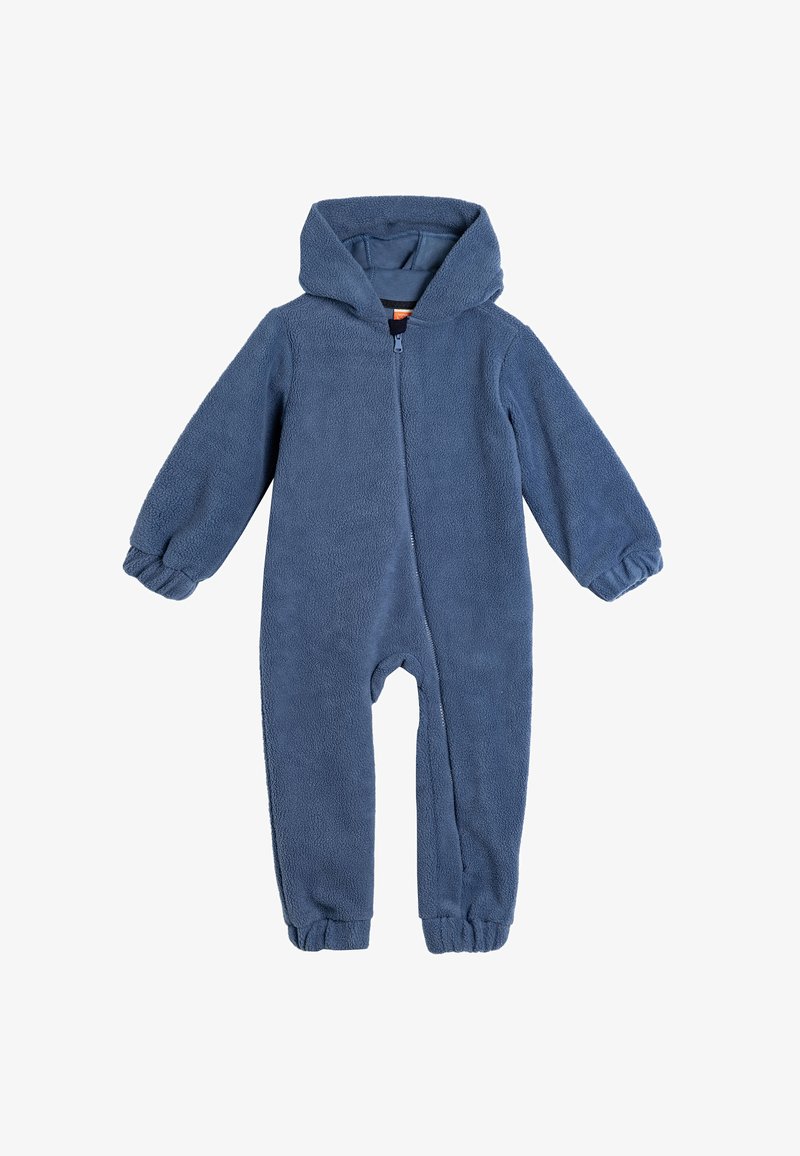 Fleece bleu en une seule pièce avec capuche. Présente une texture agréable, des poignets élastiques et une fermeture éclair complète à l'avant. Convient pour le temps frais.