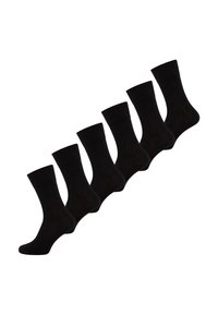 Sechs Paare schwarzer Socken, die in einer diagonalen Linie angeordnet sind und ihr weiches Material sowie die gerippten Bündchen vor einem weißen Hintergrund zur Schau stellen.