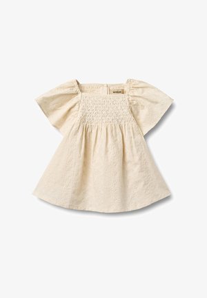Robe de bébé couleur crème avec manches courtes bouffantes, encolure carrée, corsage smocké et tissu brodé à motifs floraux.