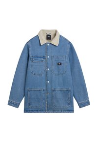 Jeansjacka i ljusblått med krage av konstpäls. Har två bröstfickor, två framfickor och silverfärgade tryckknappar.