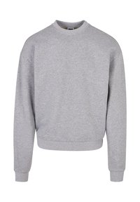 Sudadera gris claro hecha de una tela suave, con cuello redondo, mangas largas y puños y dobladillo acanalados. Diseño simple y minimalista.