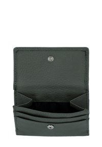 Geldbörse aus grauem Leder mit Druckknopfverschluss, ausgestattet mit mehreren Kartenfächern und einem strukturierten Innenbereich. Kompaktes, rechteckiges Design.