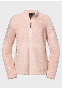 Jasnoróżowa polarowa kurtka z zamkiem błyskawicznym z przodu, stojącym kołnierzem, dwoma bocznymi kieszeniami i teksturowanym, puszystym materiałem. Miękka, dobrze dopasowana.