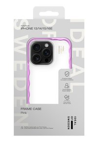 Rosa rammesag til iPhone 13/14/15/16E, med en klar ryg og en bølget lilla kant, der fremhæver beskyttelsesdesign og faldtestcertificering.