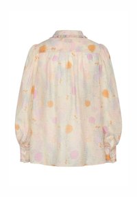 Blusa floreale a maniche lunghe in tessuto leggero con colori pastello tenui che presentano motivi rosa, arancioni e blu. Schiena plissettata con colletto arricciato.