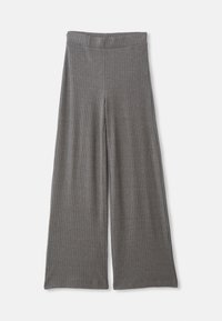 Grijze, geblokte wijde broek met een hoge, elastische tailleband. De stof lijkt zacht en textuur te hebben, wat voor een relaxte pasvorm over de gehele lengte zorgt.