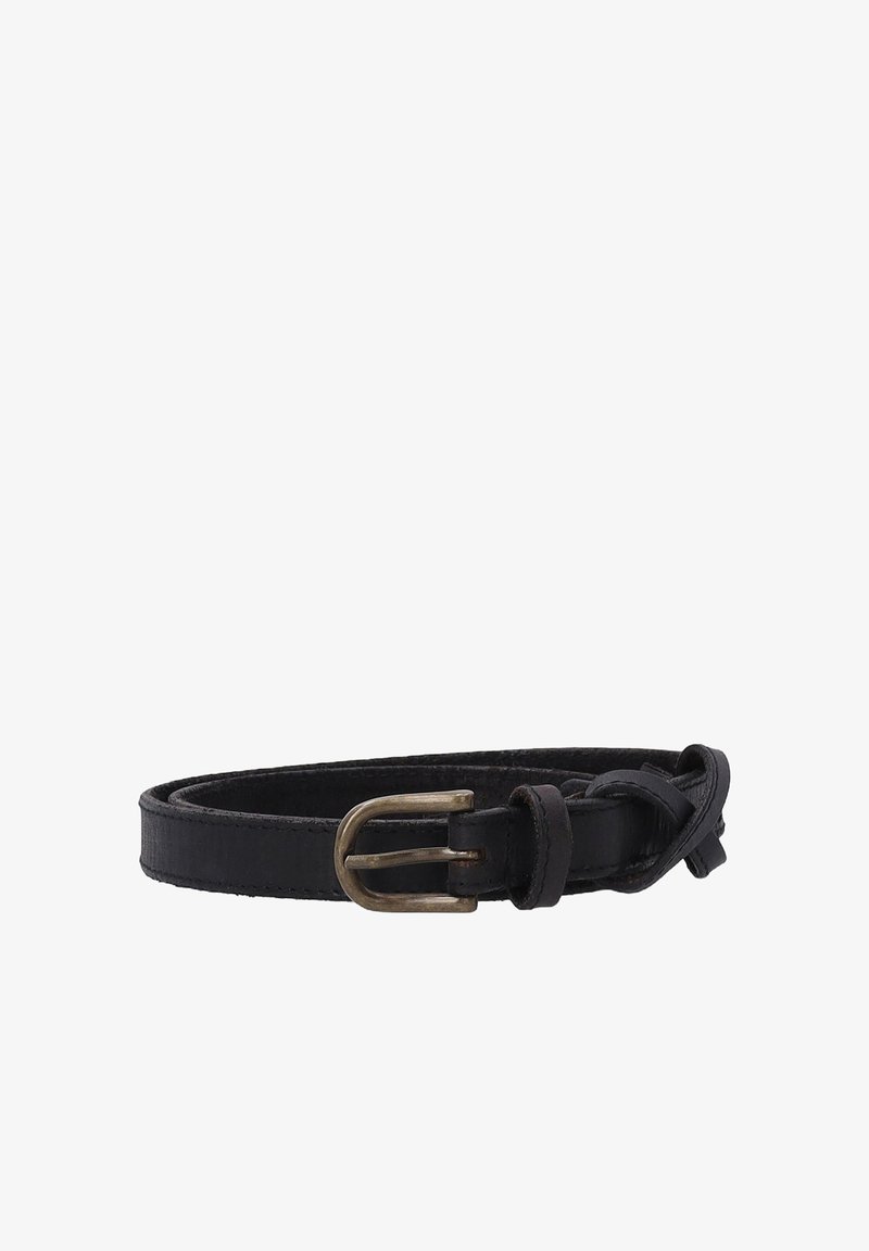 Ceinture en cuir noir avec une boucle en laiton, extrémité bouclée et coutures visibles, enroulée sur un fond blanc.
