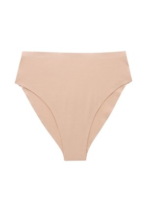 Bezšvové telové béžové dámske spodné prádlo s vysokým pásom, úplným prekrytím a hladkou tkaninou.