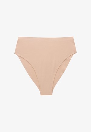 Culotte femme beige nude sans coutures, taille haute, couvrante et en tissu lisse.