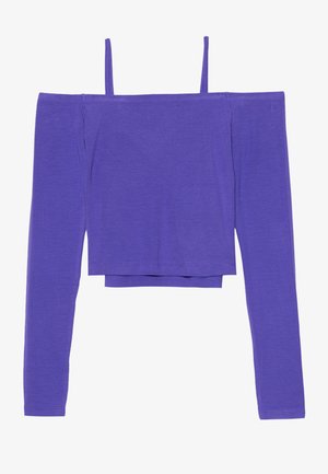 Lilla av-shoulder crop-top med lange ermer, laget av mykt stoff. Har tynne stropper og en rett søm for en boksform.