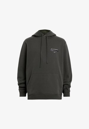 Felpa grigia scura con tasca a marsupio, coulisse e un piccolo patch del logo in bianco e nero sul petto. Tessuto morbido e vestibilità rilassata.