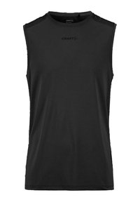 Schwarzes, ärmelloses Sportshirt mit Rundhalsausschnitt und kleinem "CRAFT" Logo auf der Brust, entworfen für Männer.