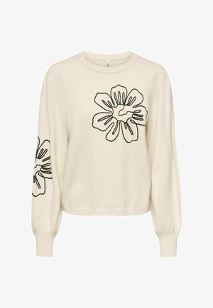 Maglione crema con collo rotondo e maniche a palloncino. Presenta un ricamo floreale nero sulla parte anteriore e sulle maniche. Tessuto morbido, design corto.