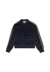 Felpa in velluto blu navy con collo rotondo, polsini a coste e pannelli laterali verdi a contrasto. Presenta un bordo intrecciato sulle cuciture delle spalle.