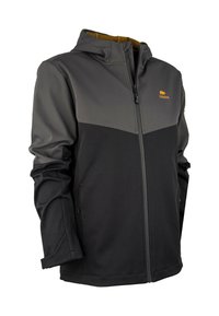 Chaqueta con capucha que tiene una sección superior gris y una parte inferior negra. Está hecha de una tela de textura suave; cuenta con cierre de cremallera en la parte delantera y bolsillos laterales.